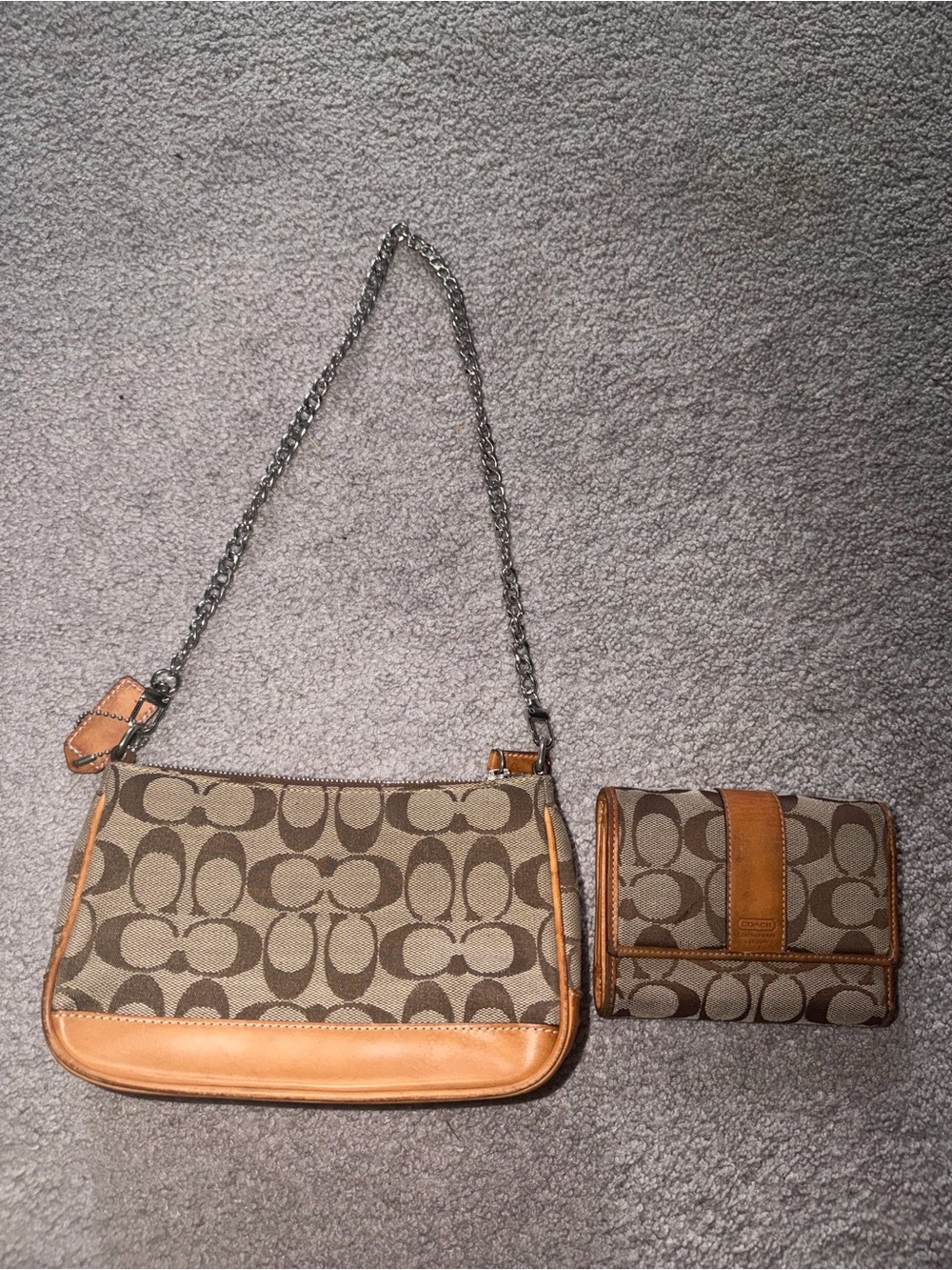 Coach Signature Canvas Shoulder Bag and Matching Wallet in Tan and Brown